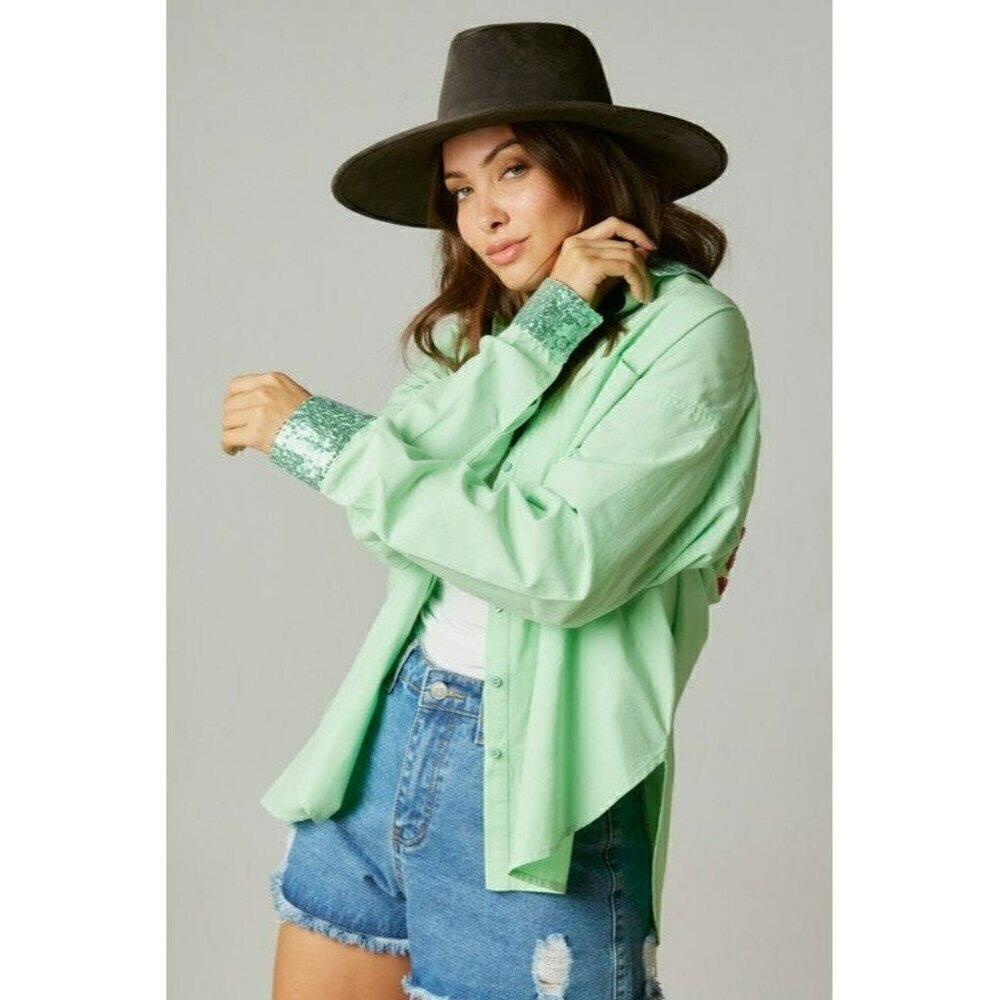 Made My Day Smile Sequin Outline Patch Shirt in Apple Green - Picture 4 of 8